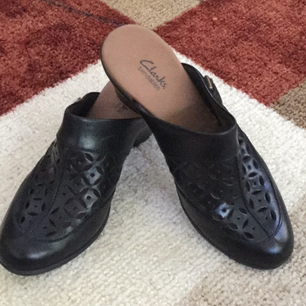 Clarks mules, black pierced, size 7M